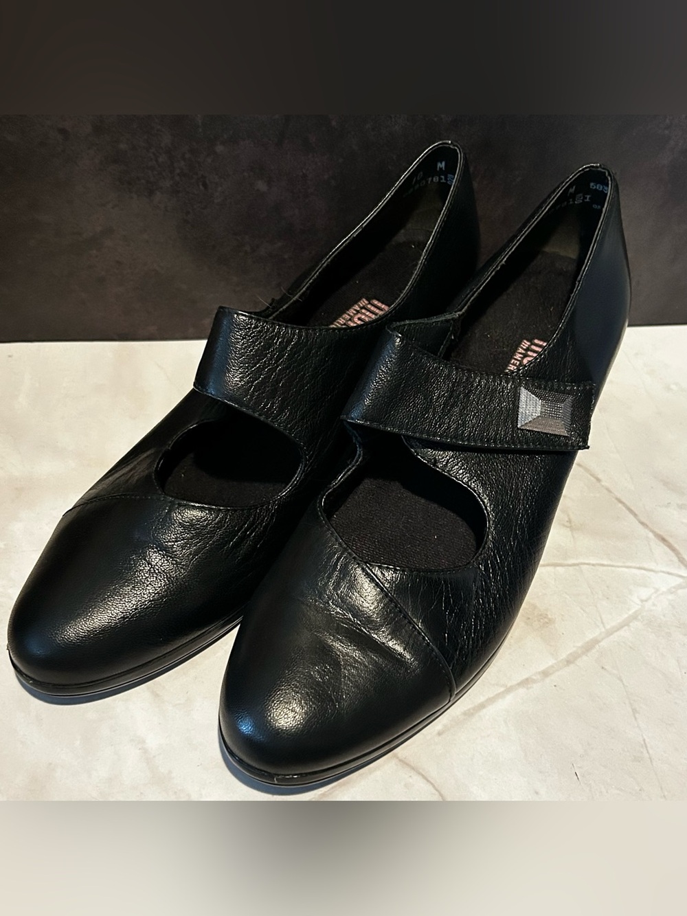 Munro Black Leather Mary Jane Flats with Strap